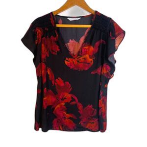 Nine West Dark Floral Whimsygoth Flutter Sleeve Dressy Blouse Size Medium